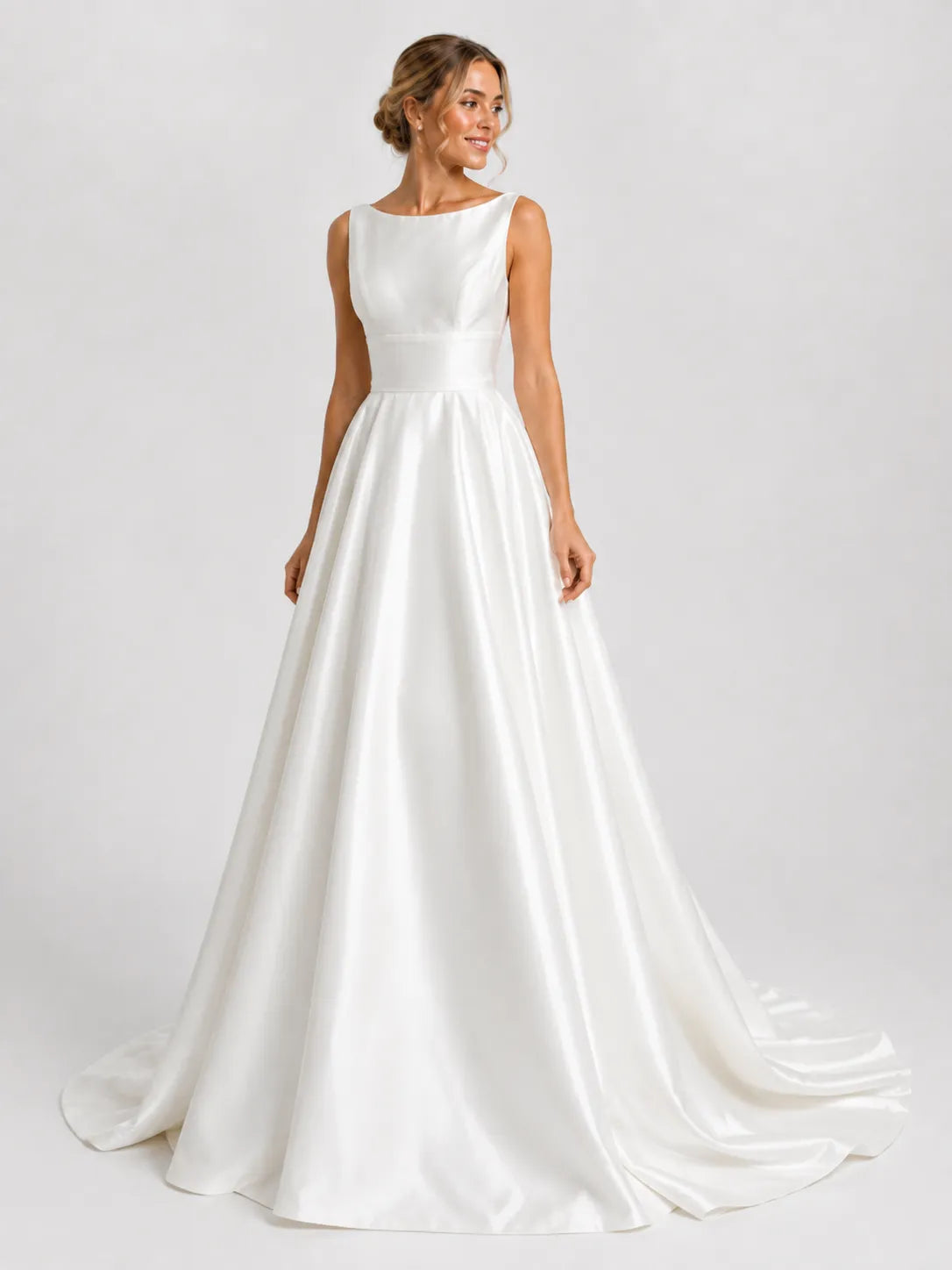 Elegant Bateau Neck Satin A-Line Wedding Dress with Chapel Train