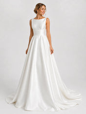 Elegant Bateau Neck Satin A-Line Wedding Dress with Chapel Train