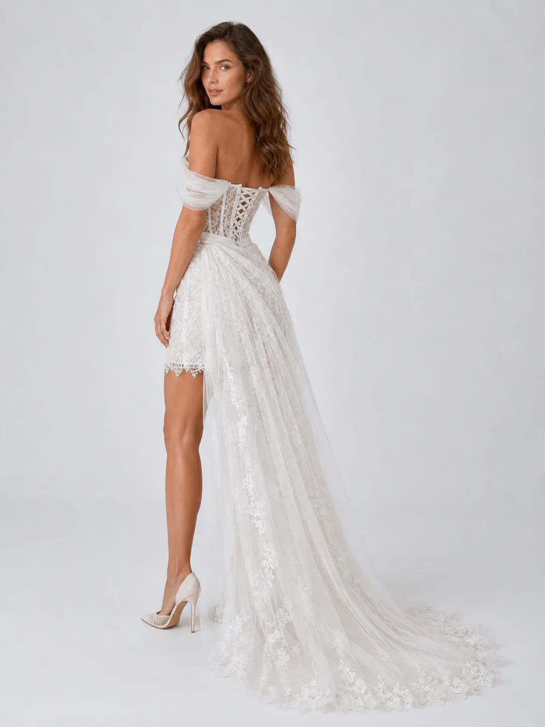 Elegant Off-Shoulder Lace Mini Wedding Dress with Corset Detail, Draped Overskirt and Long Lace Train
