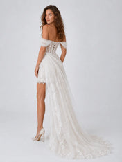 Elegant Off-Shoulder Lace Mini Wedding Dress with Corset Detail, Draped Overskirt and Long Lace Train
