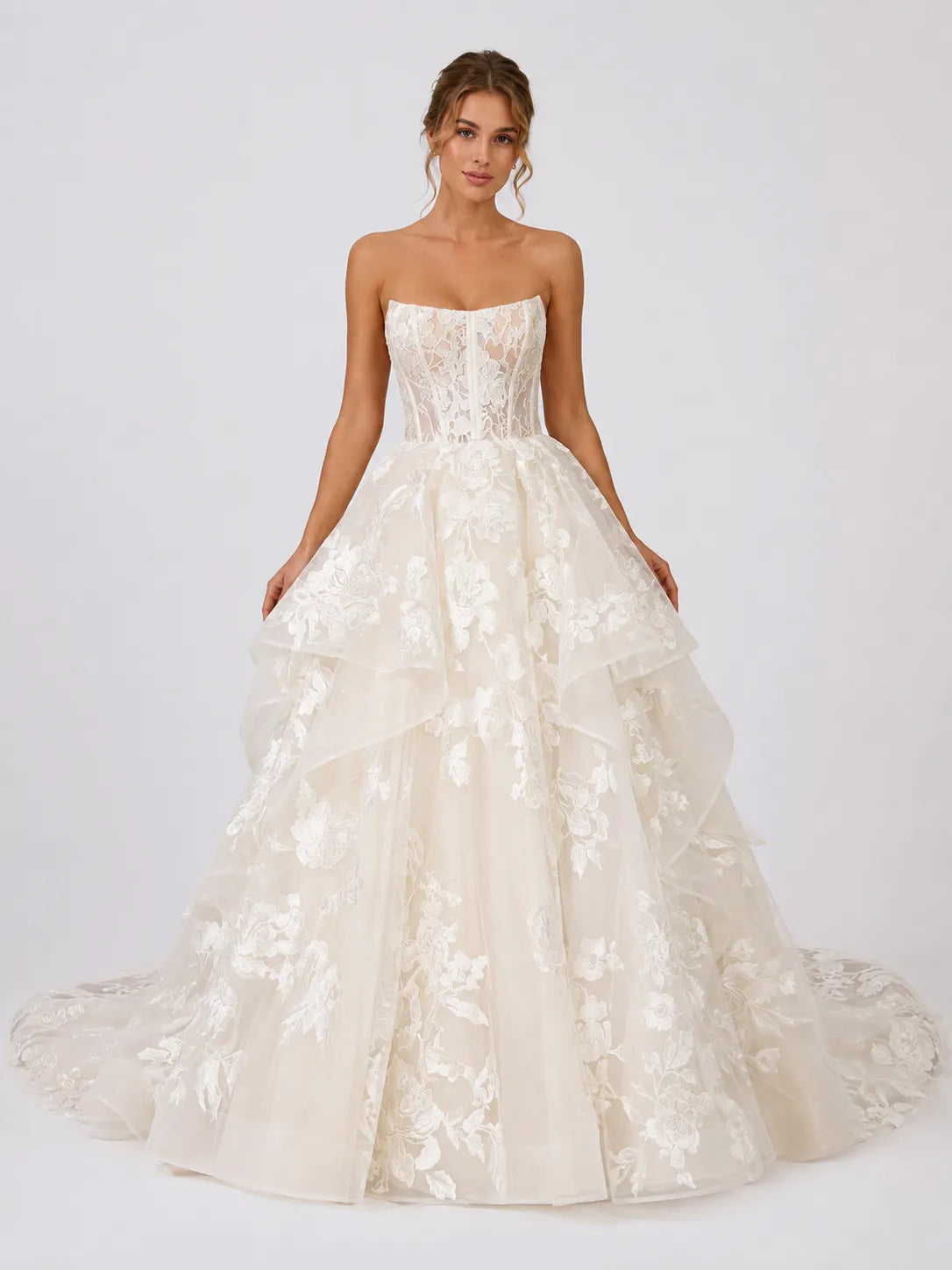 Elegant Strapless Lace Ball Gown Wedding Dress with Corset Bodice, Layered Ruffles and Chapel Train