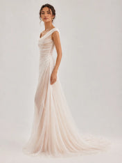 Off-the-Shoulder Draped Ruched Tulle Sheath Wedding Dress with Sweep Train