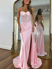 Red Mermaid Strapless Corset Beaded Prom Dress with Slit