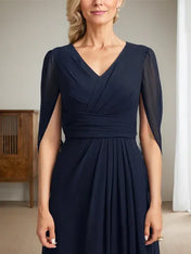 Dark Navy A-Line V-Neck Long Mother of Bride Dress