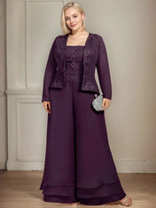 Separates Jumpsuit/Pantsuit Square Ankle-Length Lace Chiffon Mother of the Bride Dress With Sequins