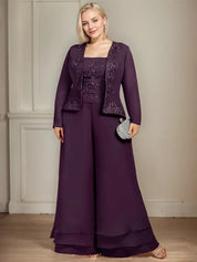 Robe de mère de la mariée en mousseline de soie, longueur cheville, avec sequins, combinaison/tailleur carré 