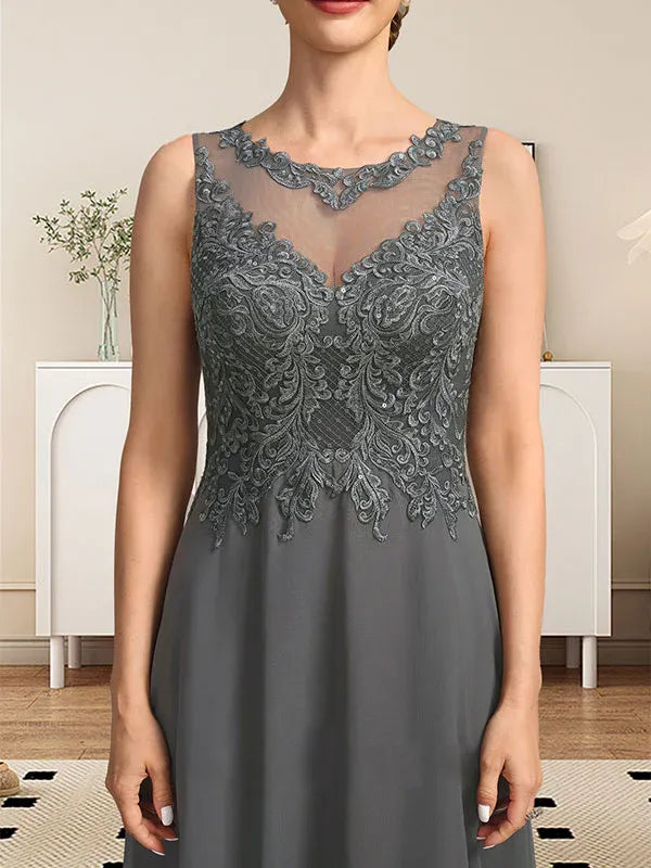 Robe de mère de la mariée trapèze en mousseline de soie et dentelle, longueur au sol, avec décolleté en V et paillettes 