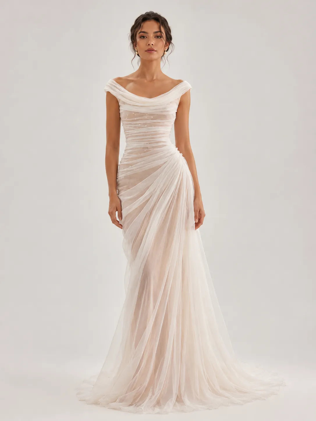 Off-the-Shoulder Draped Ruched Tulle Sheath Wedding Dress with Sweep Train
