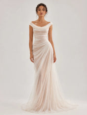 Off-the-Shoulder Draped Ruched Tulle Sheath Wedding Dress with Sweep Train