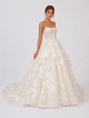 Elegant Strapless Lace Ball Gown Wedding Dress with Corset Bodice, Layered Ruffles and Chapel Train