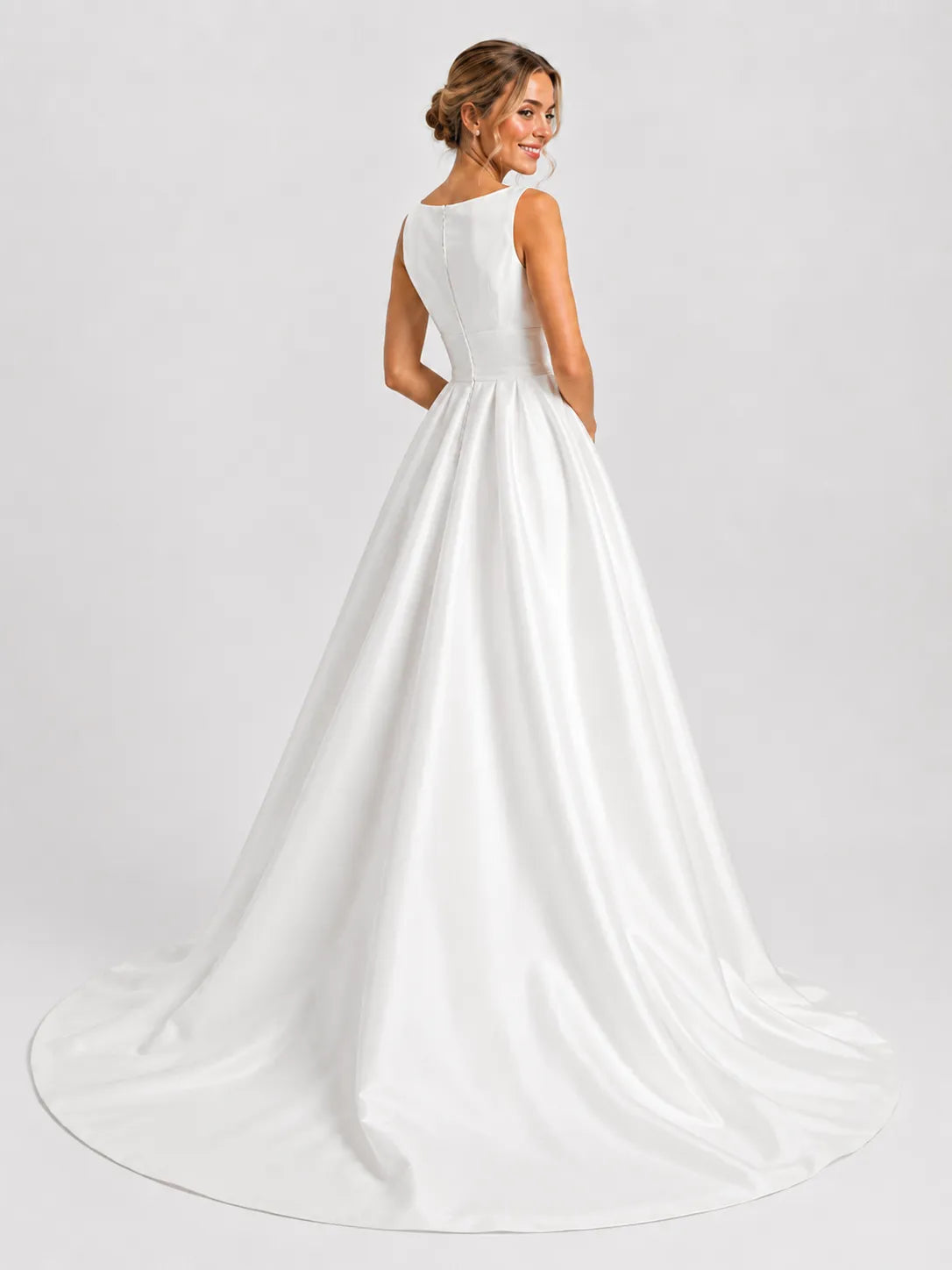 Elegant Bateau Neck Satin A-Line Wedding Dress with Chapel Train