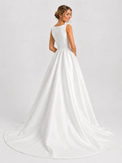 Elegant Bateau Neck Satin A-Line Wedding Dress with Chapel Train