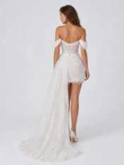 Elegant Off-Shoulder Lace Mini Wedding Dress with Corset Detail, Draped Overskirt and Long Lace Train