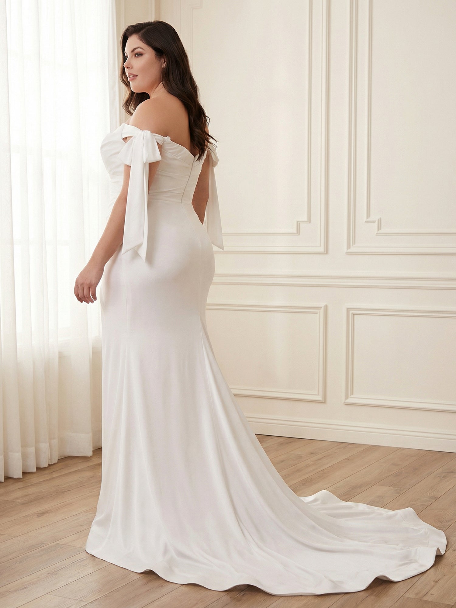 White Satin Off-the-Shoulder Bow Prom Dress