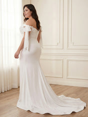 White Satin Off-the-Shoulder Bow Prom Dress