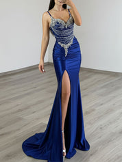 Gold Liquid Beaded Bodice Satin Prom Dress with Slit