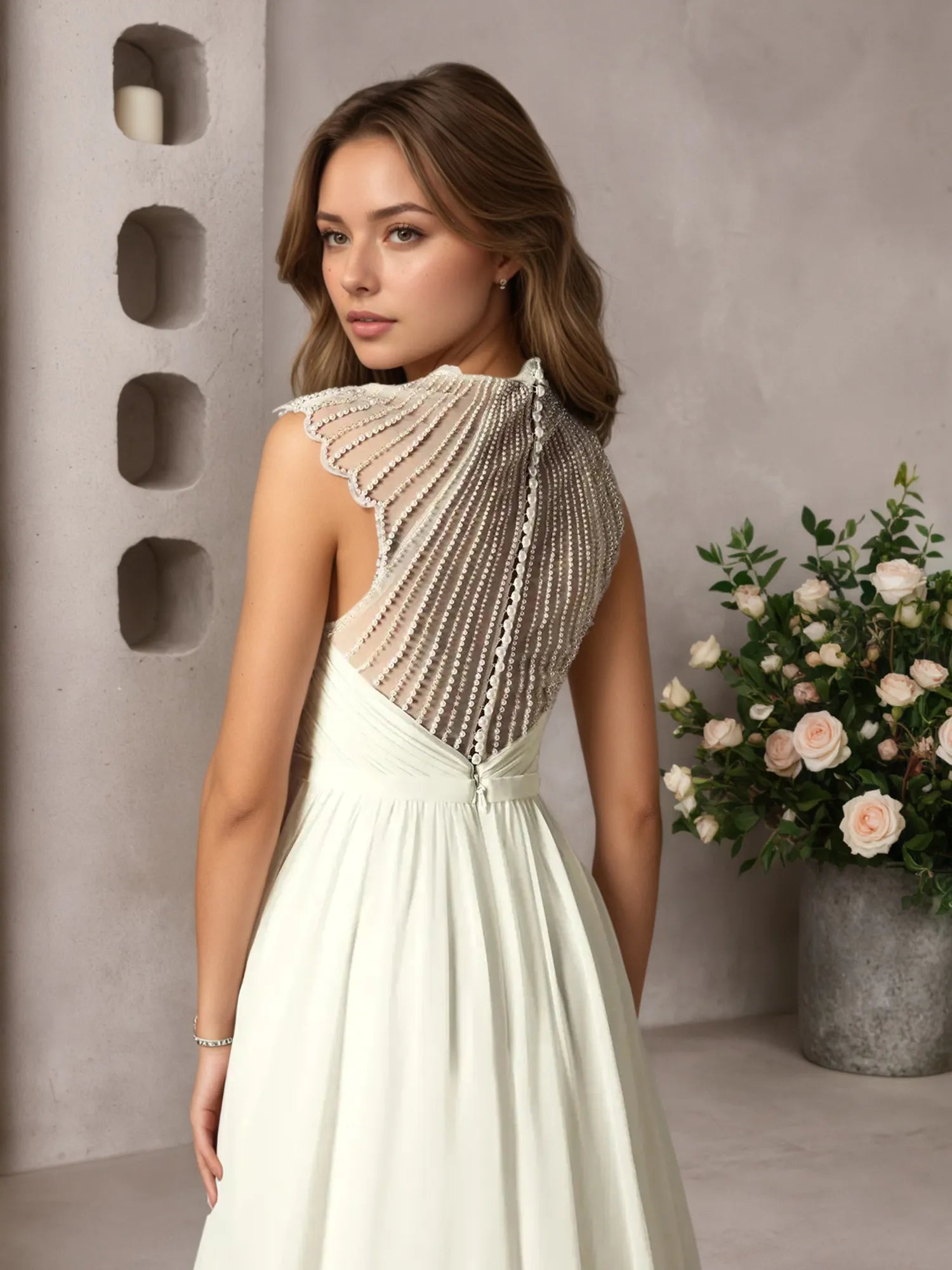 Cream A-Line Pleated Chiffon Dress