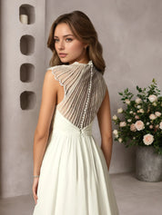 Cream A-Line Pleated Chiffon Dress