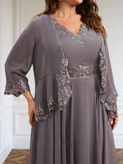 A-line V-Neck Ankle-Length Chiffon Mother of the Bride Dress With Sequins Appliques Lace Beading