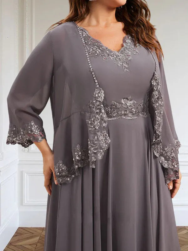 Robe de mère de la mariée trapèze en mousseline de soie, col en V, longueur cheville, avec appliques à paillettes et perles en dentelle 