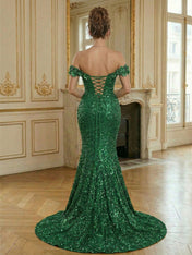 Sparkly Off The Shoulder Sequin Long Mermaid Corset Prom Dresses