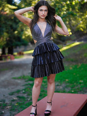 Black Halter Deep V-Neck Rhinestone Striped Tiered Ruffle Short Homecoming Dress