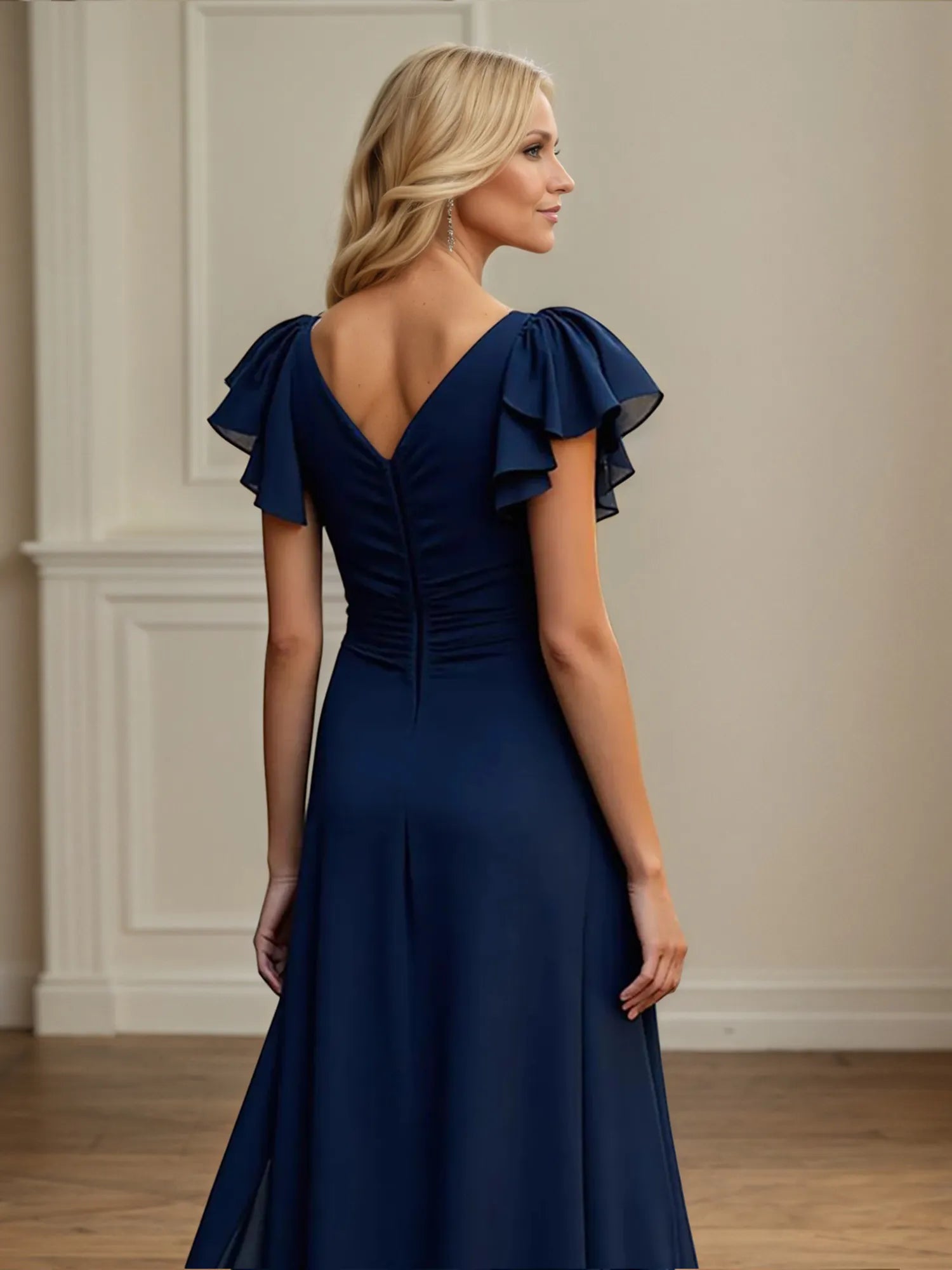 V Neck Ruched Chiffon A Line Mother of the Bride Dress