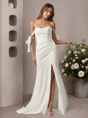 White Mermaid Off the Shoulder Crepe Back Satin Wedding Dress