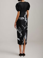 Black Folds V Neck Puff Sleeve Midi Sheath Dress