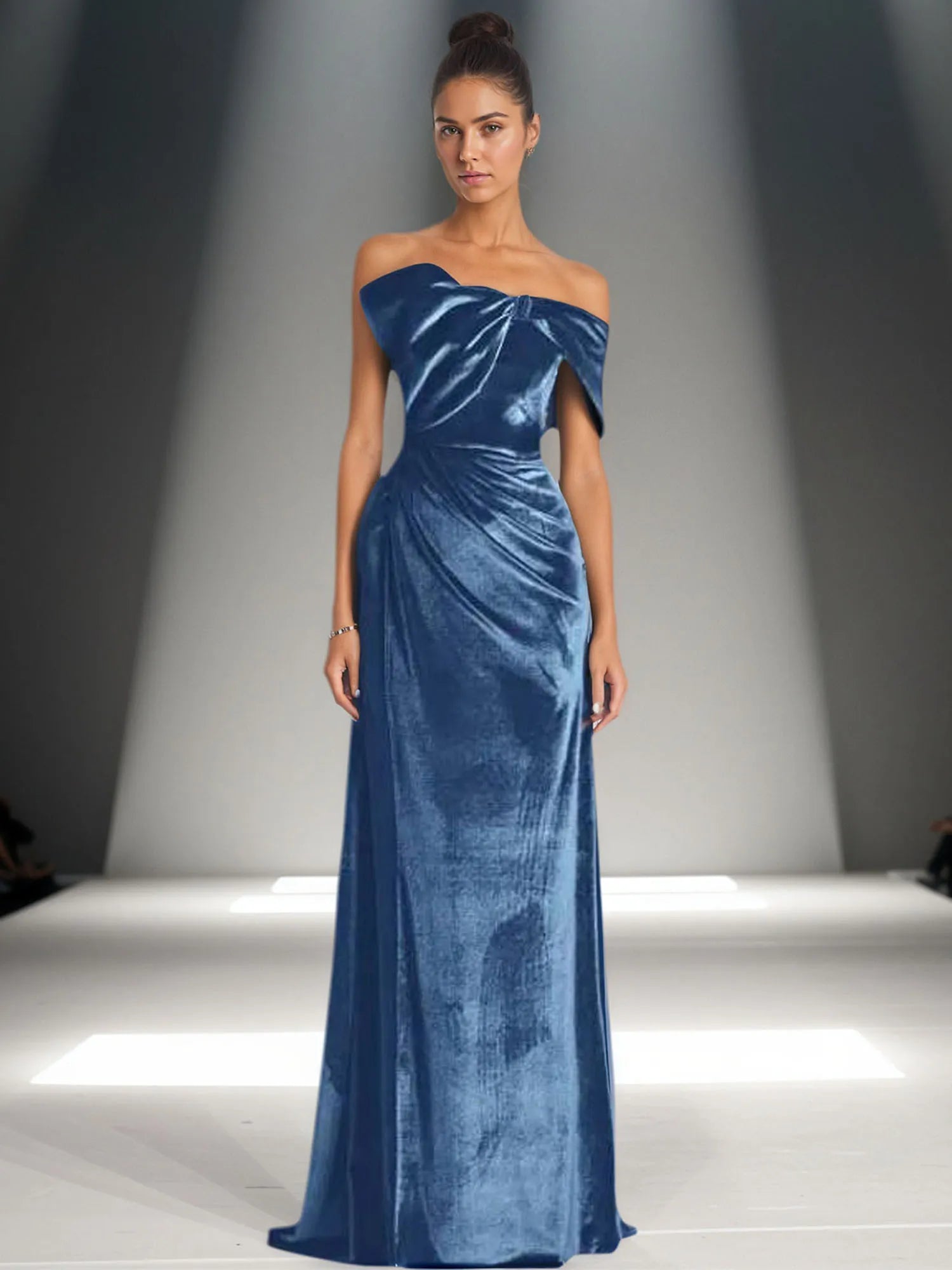 Off-Shoulder Bowknot Detail Velvet Maxi Gown Formal Evening Dress