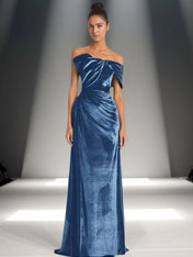 Off-Shoulder Bowknot Detail Velvet Maxi Gown Formal Evening Dress