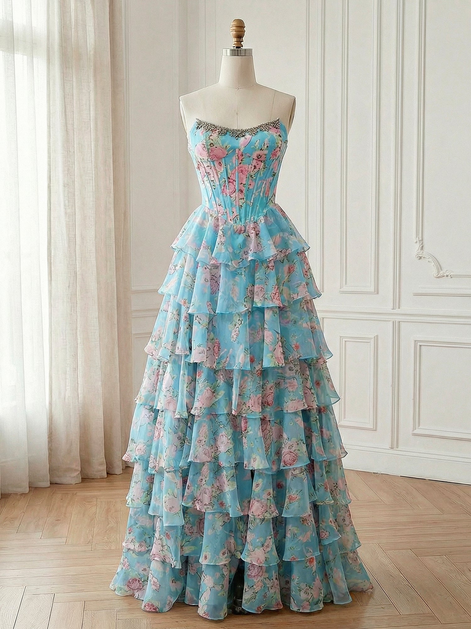 Blue A-Line Strapless Print Ruffles Tiered Long Prom Dress