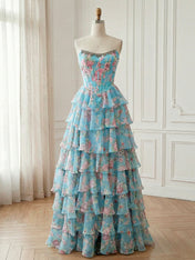 Blue A-Line Strapless Print Ruffles Tiered Long Prom Dress