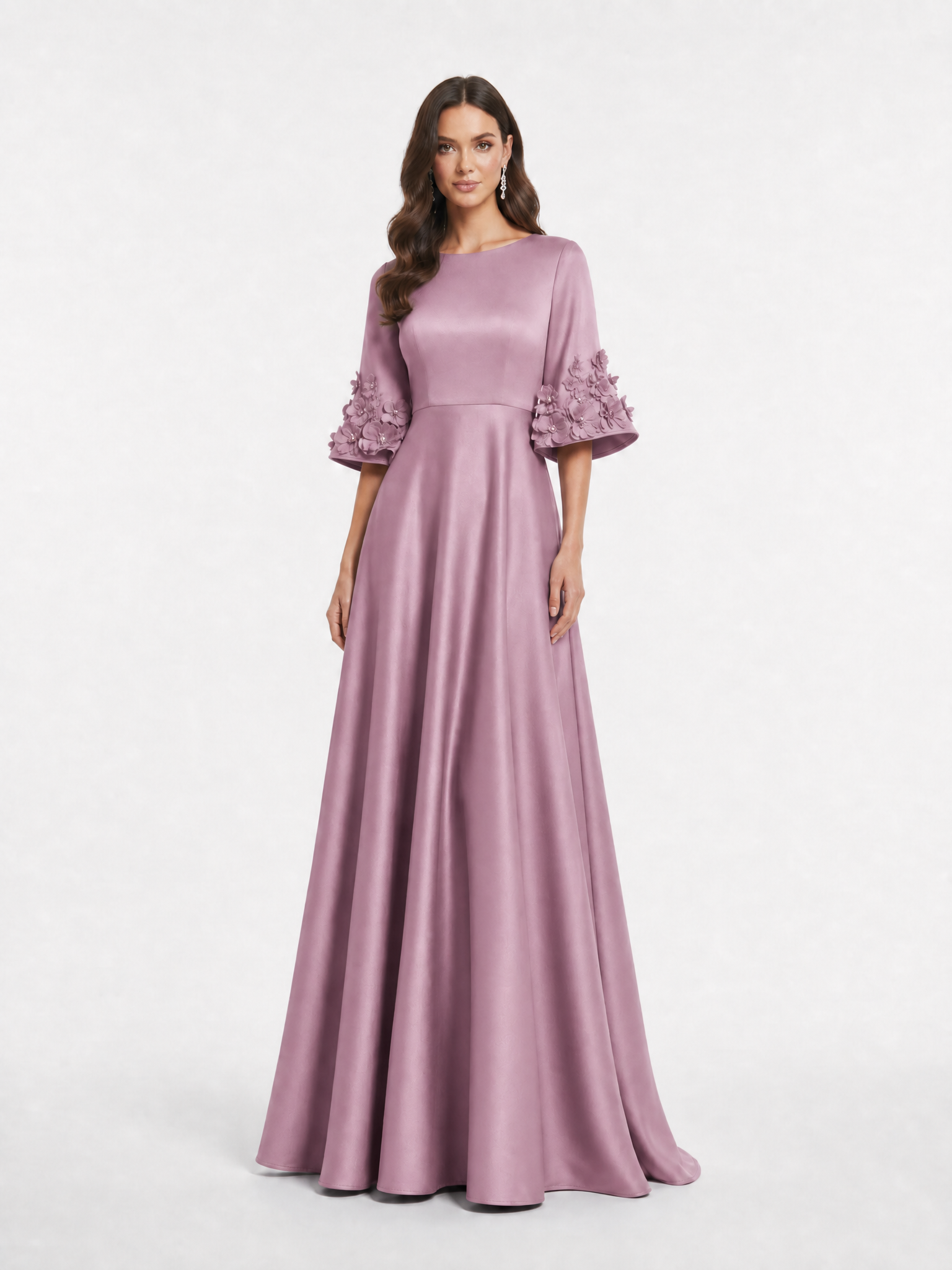 Princess Bateau Neck Floor-Length Evening Dresses with 3D Floral Bell Sleeves