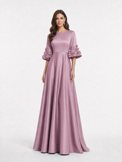 Solid Satin A-Line/Princess Bateau Neck Floor-Length Evening Dresses with 3D Floral Bell Sleeves