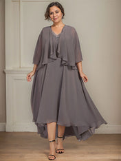 A-line V-Neck Asymmetrical Chiffon Mother of the Bride Dress With Beading Sequins