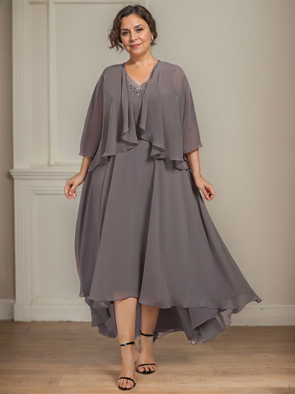 A-line V-Neck Asymmetrical Chiffon Mother of the Bride Dress With Beading Sequins