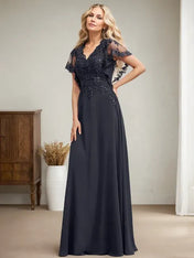 A-line V-Neck Floor-Length Lace Chiffon Mother of the Bride Dress With Sequins
