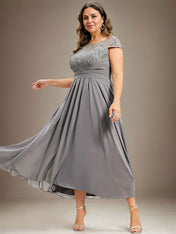 A-line Scoop Illusion Asymmetrical Lace Chiffon Mother of the Bride Dress With Pleated