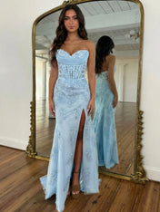 Strapless Corset Lace Floral Prom Dress with Thigh-High Slit