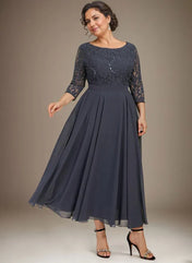 A-line Scoop Tea-Length Lace Chiffon Mother of the Bride Dress With Sequins