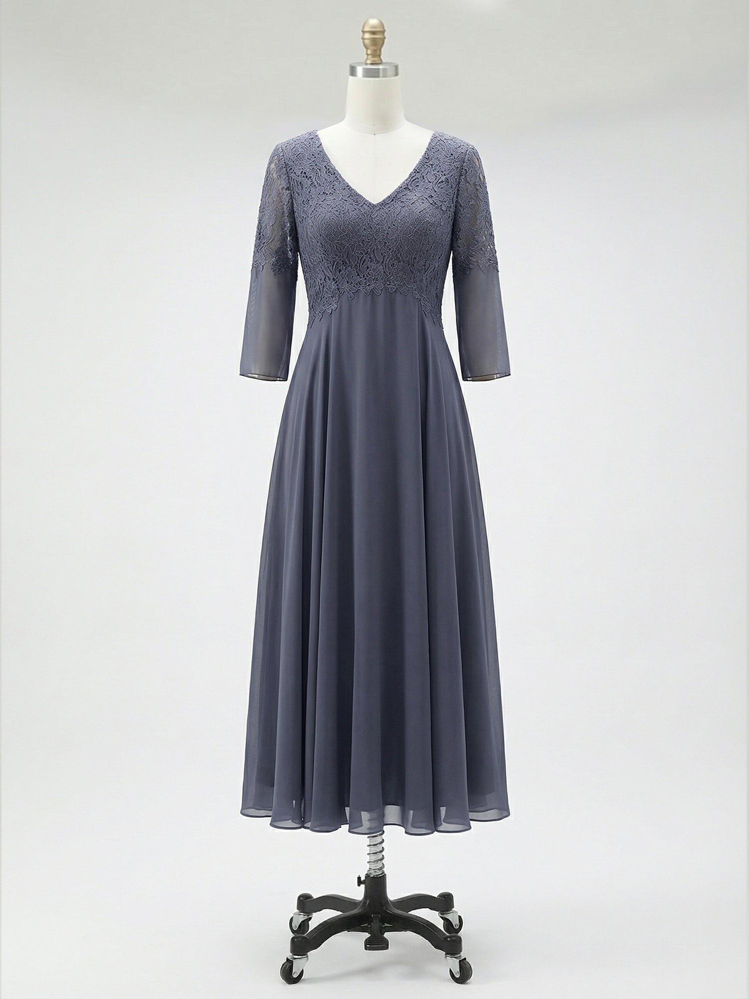 A-line V-Neck Tea-Length Chiffon Lace Mother of the Bride Dress With Beading