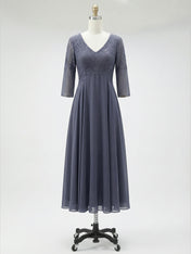 A-line V-Neck Tea-Length Chiffon Lace Mother of the Bride Dress With Beading