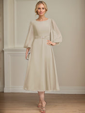 A-line Scoop Tea-Length Chiffon Mother of the Bride Dress With Crystal Brooch Pleated
