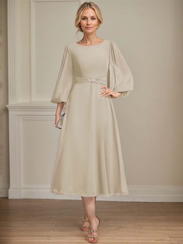A-line Scoop Tea-Length Chiffon Mother of the Bride Dress With Crystal Brooch Pleated