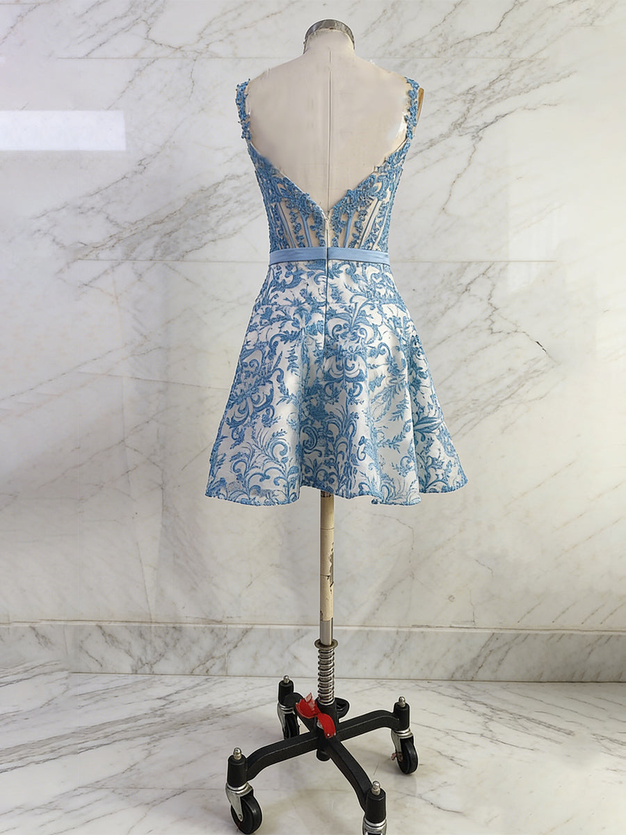 Blue Print A Line Floral Corset Short Homecoming Dress With Bow