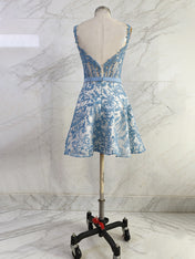 Blue Print A Line Floral Corset Short Homecoming Dress With Bow