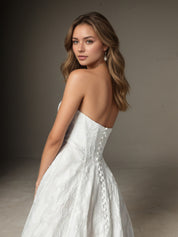 White A Line Strapless Floral Burnout Jacquard Wedding Dress