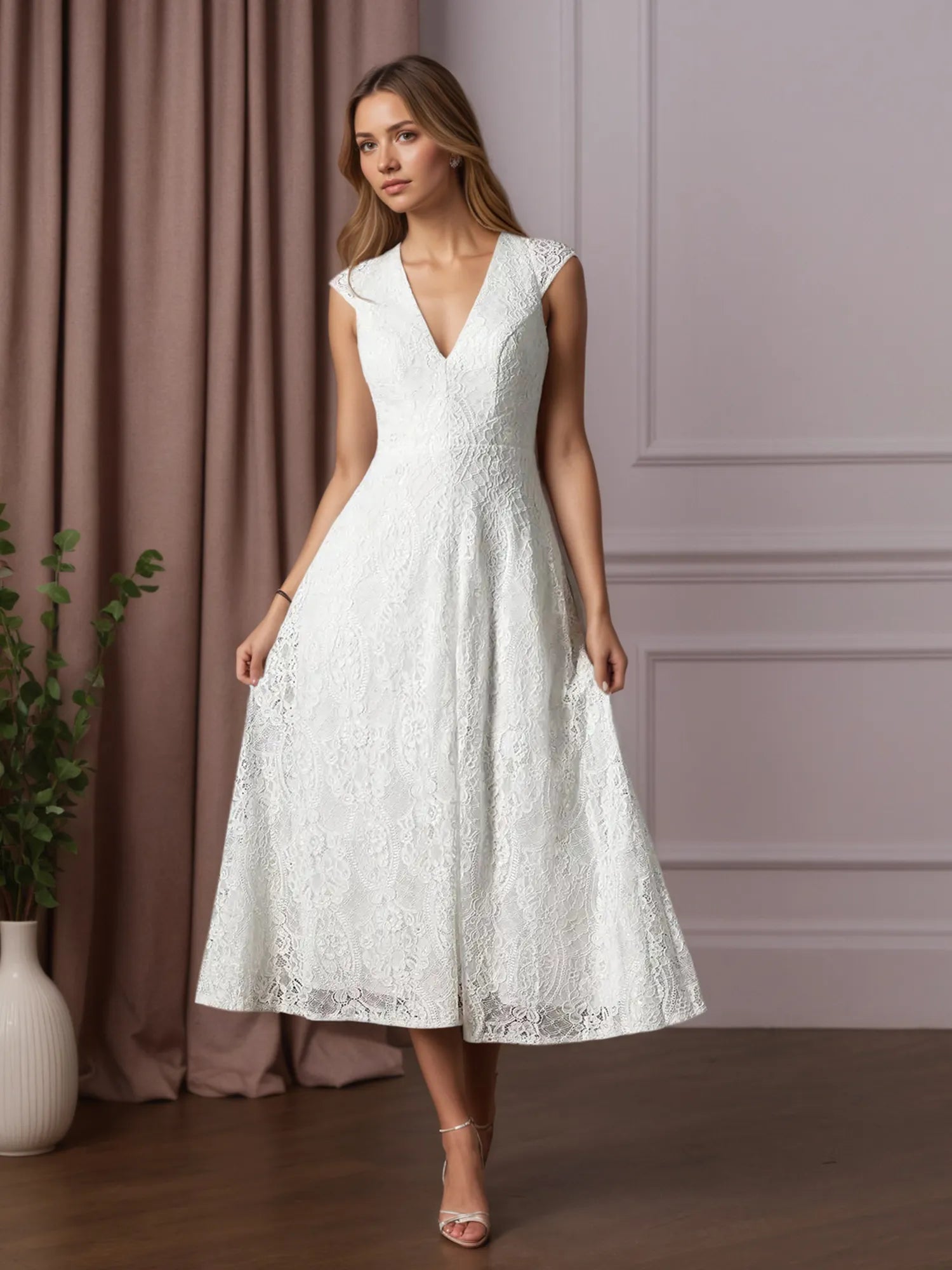 White A-Line Tea-Length Lace Wedding Dress