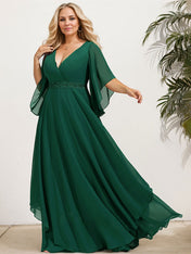 A-line V-Neck Floor-Length Chiffon Mother of the Bride Dress With Sequins Appliques Lace Beading